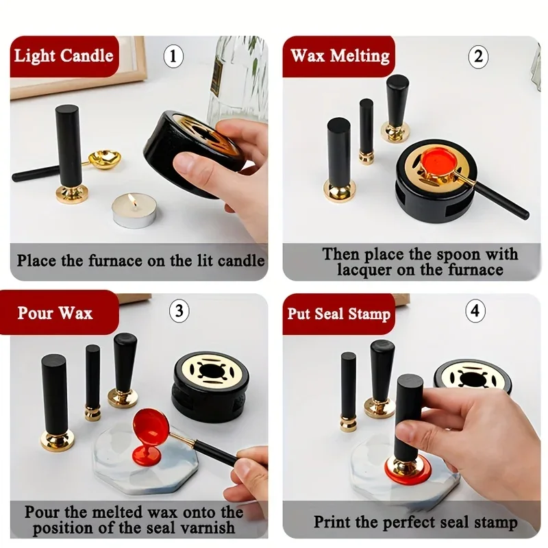 How to use: light the tea light, melt the wax, pour it and press the seal