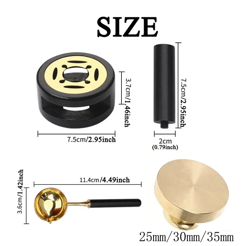 Kit sizes: warmer 7.5 cm across, handle 7.5 cm, spoon 11.4 cm, stamp head 25, 30 or 35 mm