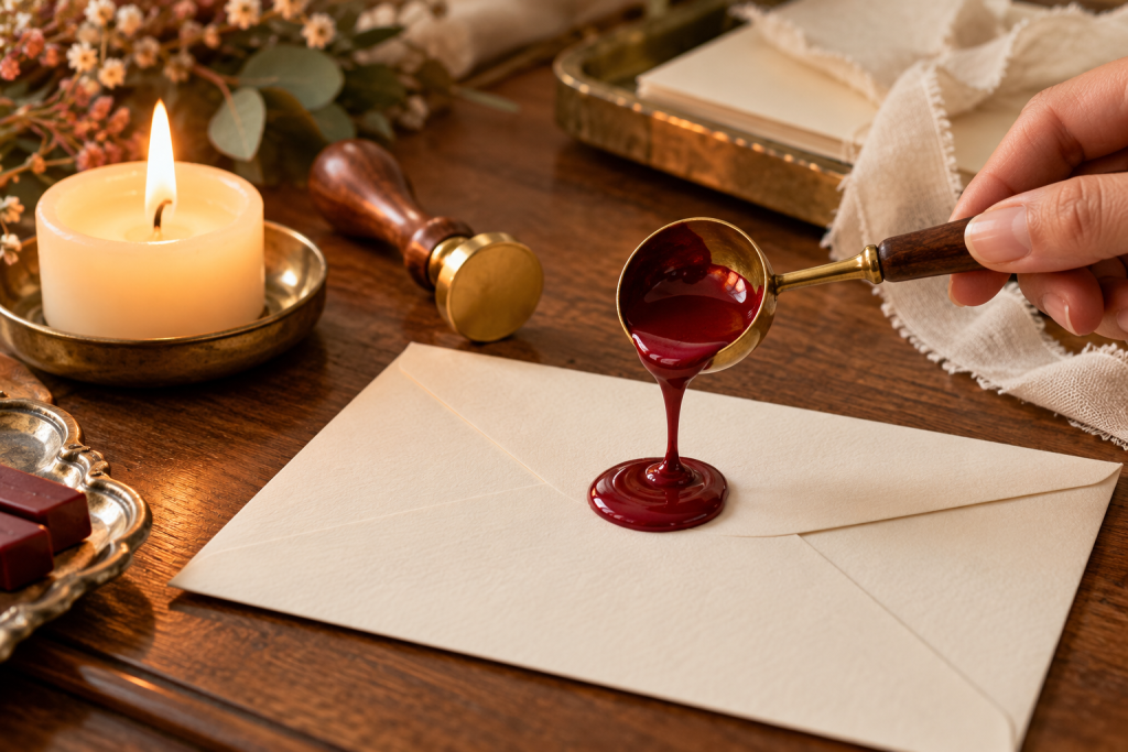 Melting red sealing wax in a spoon over a candle flame to make a wax seal