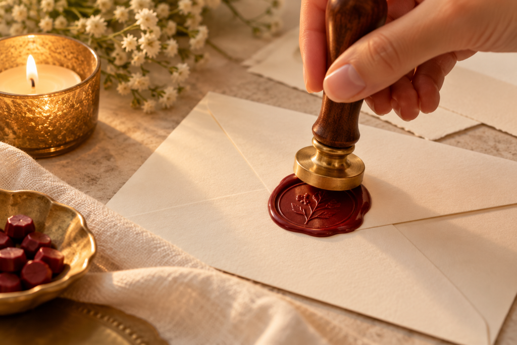 Pressing a brass wax seal stamp into melted red wax on a cream envelope
