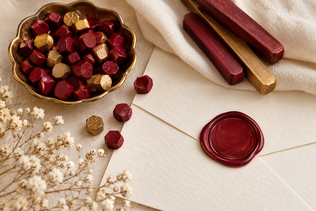 Red and gold sealing wax beads in a dish beside wax sticks and a finished wax seal