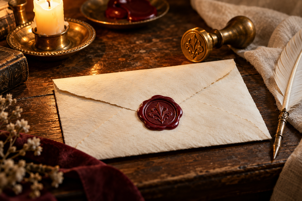 Antique parchment letter closed with a dark red wax seal, brass stamp and quill