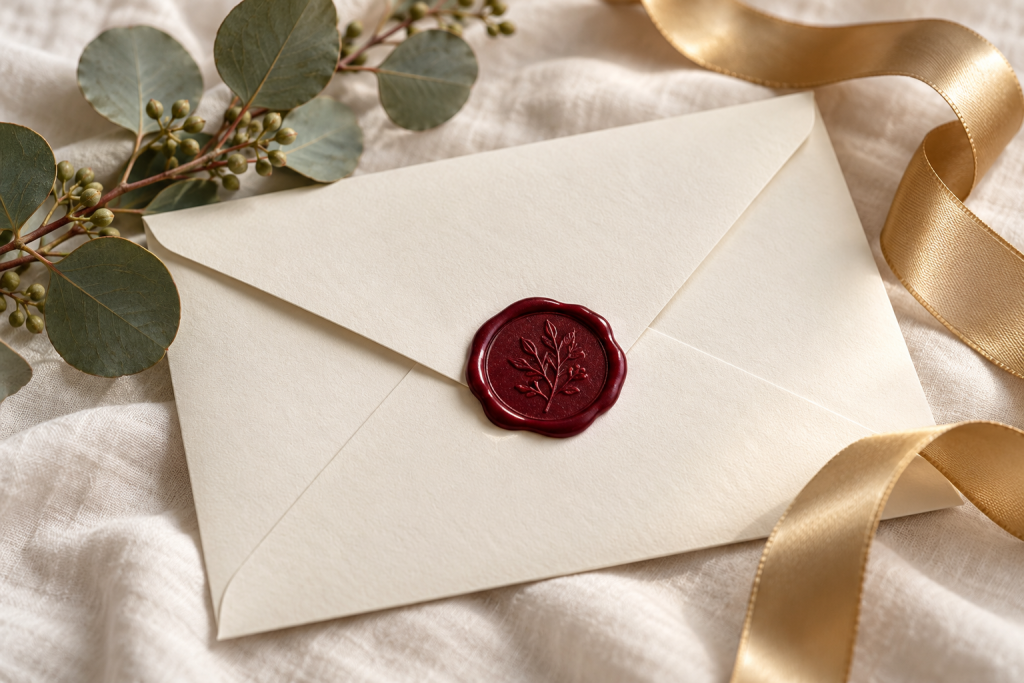Cream wedding invitation closed with a deep red wax seal and eucalyptus sprig